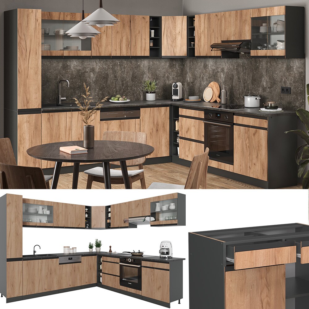 Vicco Eckk&uuml;che K&uuml;chenblock Einbauk&uuml;che R-Line J-Shape Anthrazit Eiche 277x257 cm modern K&uuml;chenschr&auml;nke K&uuml;chenm&ouml;bel 