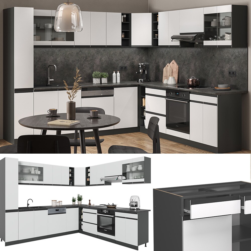 Vicco Eckk&uuml;che K&uuml;chenblock Einbauk&uuml;che R-Line J-Shape Anthrazit Wei&szlig; 277x257 cm modern K&uuml;chenschr&auml;nke K&uuml;chenm&ouml;bel 