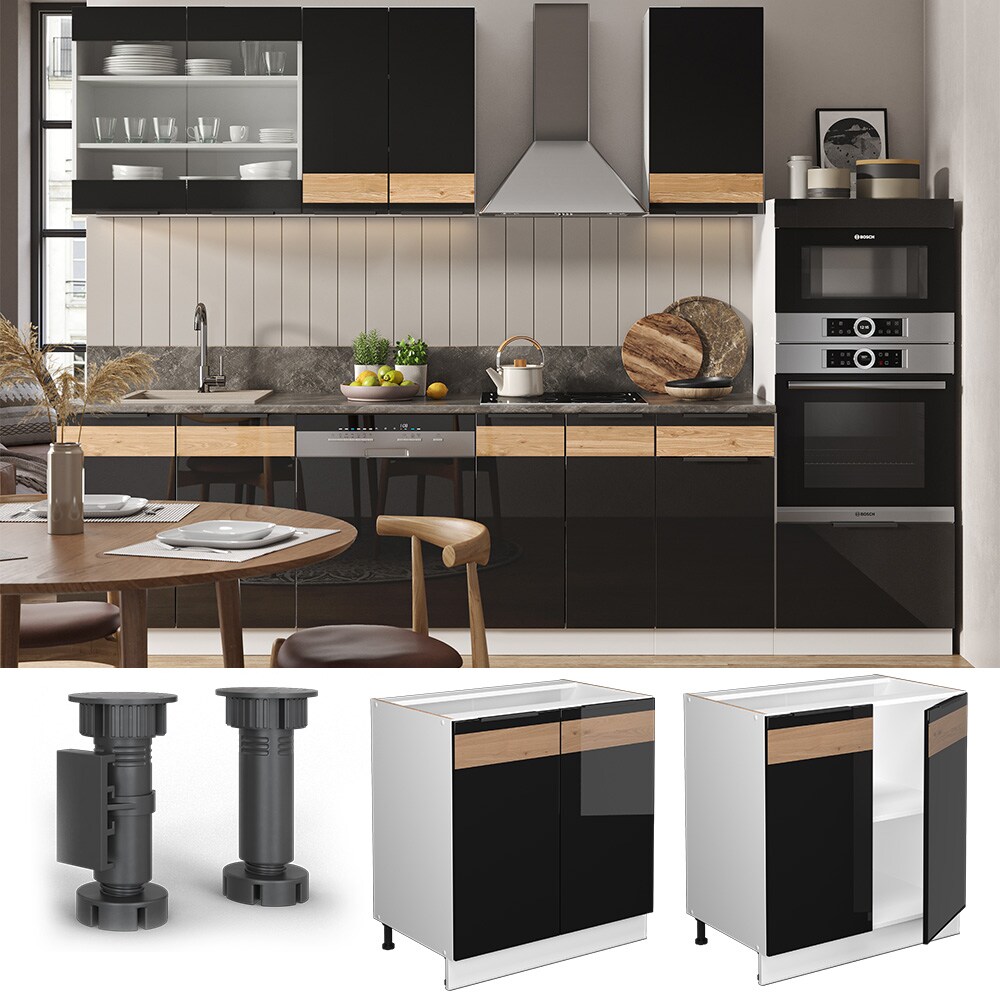 Vicco Unterschrank K&uuml;chenschrank K&uuml;chenm&ouml;bel Fame-Line Wei&szlig; Schwarz Eiche 80 cm modern Hochglanz 