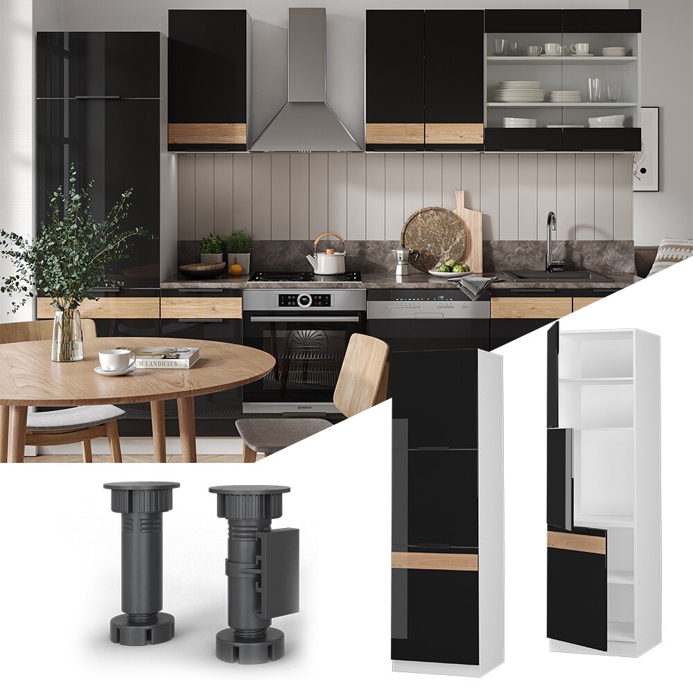 Vicco Herdhochschrank K&uuml;chenschrank K&uuml;chenm&ouml;bel Fame-Line Wei&szlig; Schwarz Eiche 60 cm modern Hochglanz 