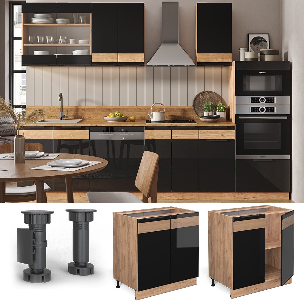 Vicco Unterschrank K&uuml;chenschrank K&uuml;chenm&ouml;bel Fame-Line Eiche Schwarz 80 cm modern Hochglanz 