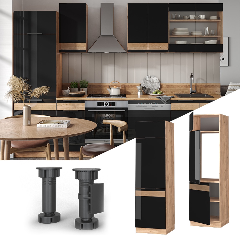 Vicco K&uuml;hlumbauschrank K&uuml;chenschrank K&uuml;chenm&ouml;bel Fame-Line Eiche Schwarz 60 cm modern Hochglanz 