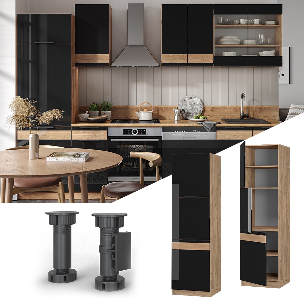 Vicco Herdhochschrank K&uuml;chenschrank K&uuml;chenm&ouml;bel Fame-Line Eiche Schwarz 60 cm modern Hochglanz 