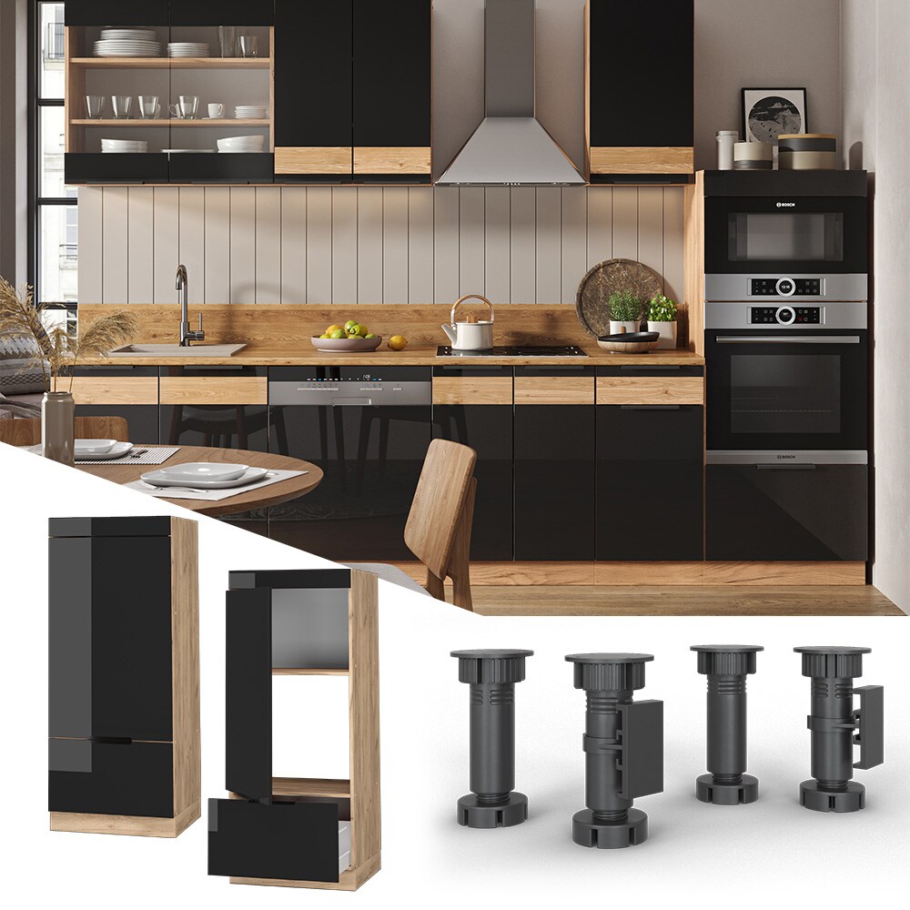 Vicco Mikrowellenschrank K&uuml;chenschrank K&uuml;chenm&ouml;bel Fame-Line Eiche Schwarz 60 cm modern Hochglanz 