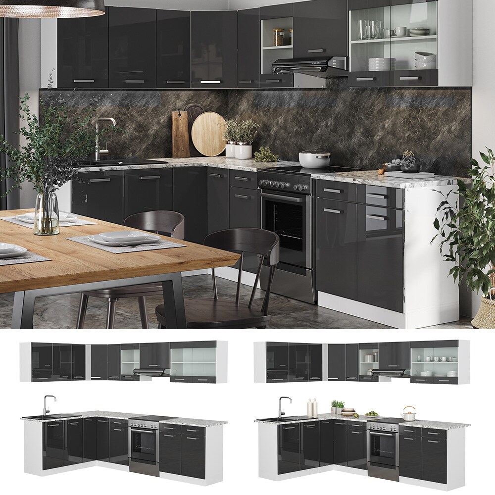 Vicco Eckk&uuml;che K&uuml;chenblock Einbauk&uuml;che Rick Wei&szlig; Anthrazit Hochglanz 270 cm modern K&uuml;chen Schr&auml;nke Sp&uuml;lenunterschrank Eck-Unterschrank Eck-H&auml;ngeschrank Arbeitsplatte K&uuml;chenm&ouml;bel K&uuml;chenzeile L-K&uuml;che 