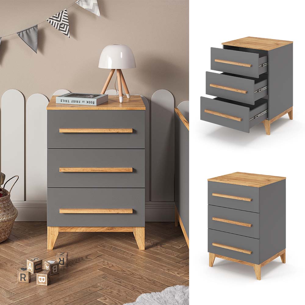 VitaliSpa Kommode Malia 60x88cm f&uuml;r Kinderzimmer, Schrank mit 3 Schubladen, grau 