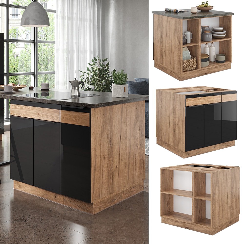 Vicco K&uuml;cheninsel K&uuml;chenblock Einbauk&uuml;che Fame-Line Eiche Schwarz 90 cm modern Hochglanz K&uuml;chenschr&auml;nke K&uuml;chenm&ouml;bel 