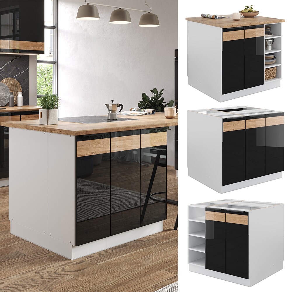 Vicco K&uuml;cheninsel K&uuml;chenblock Einbauk&uuml;che Fame-Line Wei&szlig; Schwarz Eiche 90 cm modern Hochglanz K&uuml;chenschr&auml;nke K&uuml;chenm&ouml;bel 