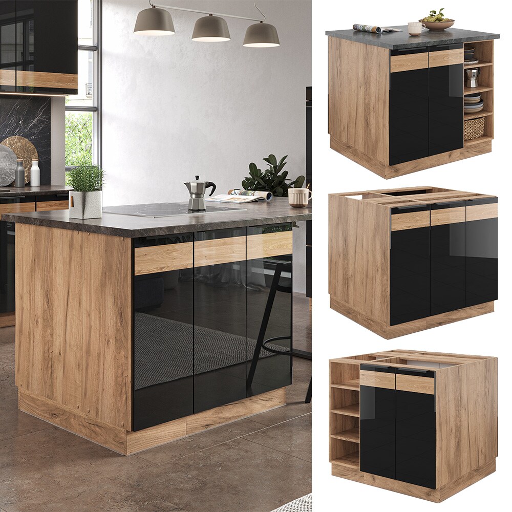Vicco K&uuml;cheninsel K&uuml;chenblock Einbauk&uuml;che Fame-Line Eiche Schwarz 90 cm modern Hochglanz K&uuml;chenschr&auml;nke K&uuml;chenm&ouml;bel 