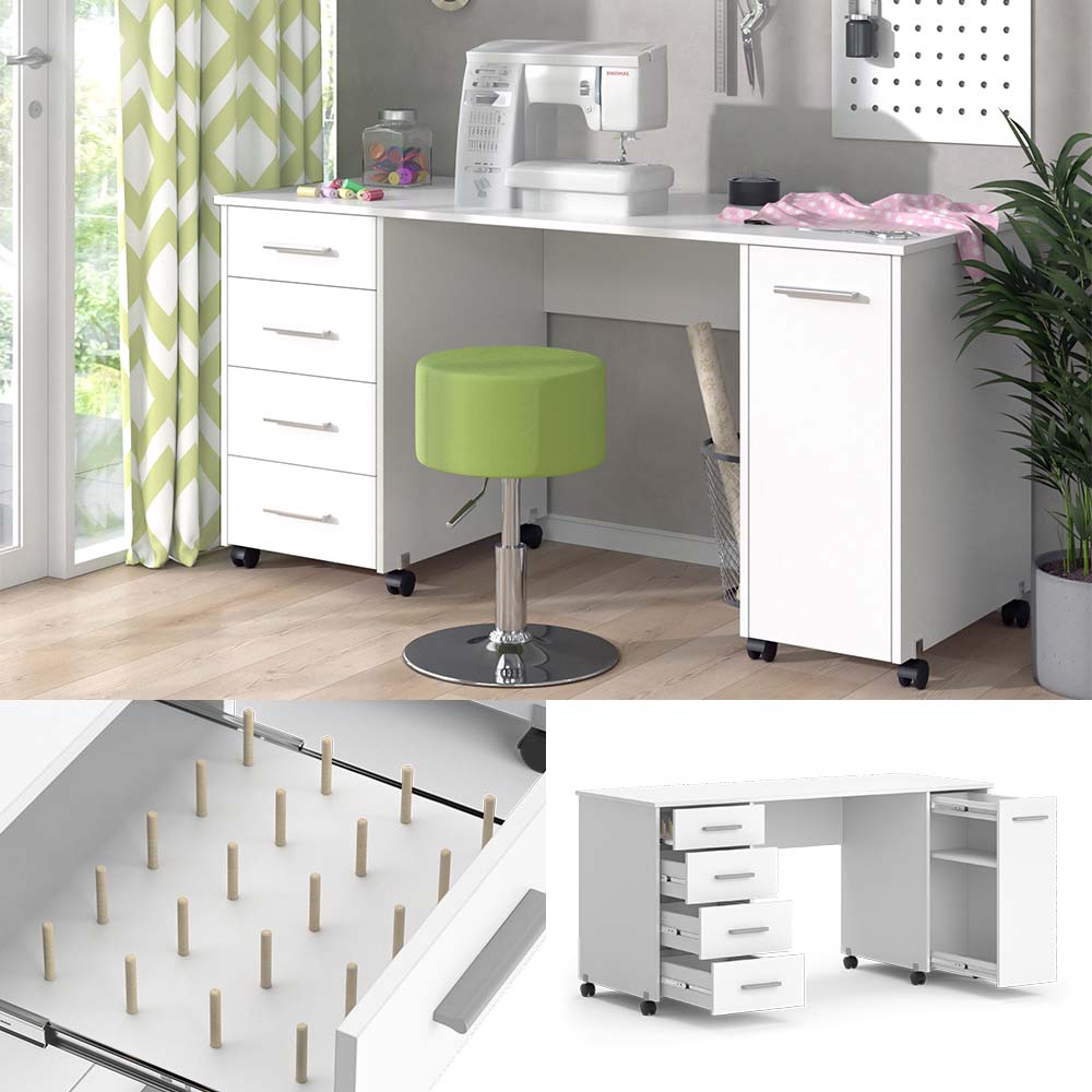 Vicco N&auml;htisch Verona auf Rollen 148x75x60cm wei&szlig;, Basteltisch mit 4 Schubladen 