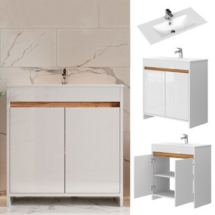 Vicco Waschbecken mit Unterschrank Lemgo 80 cm breit, Waschtisch stehend Weiß 