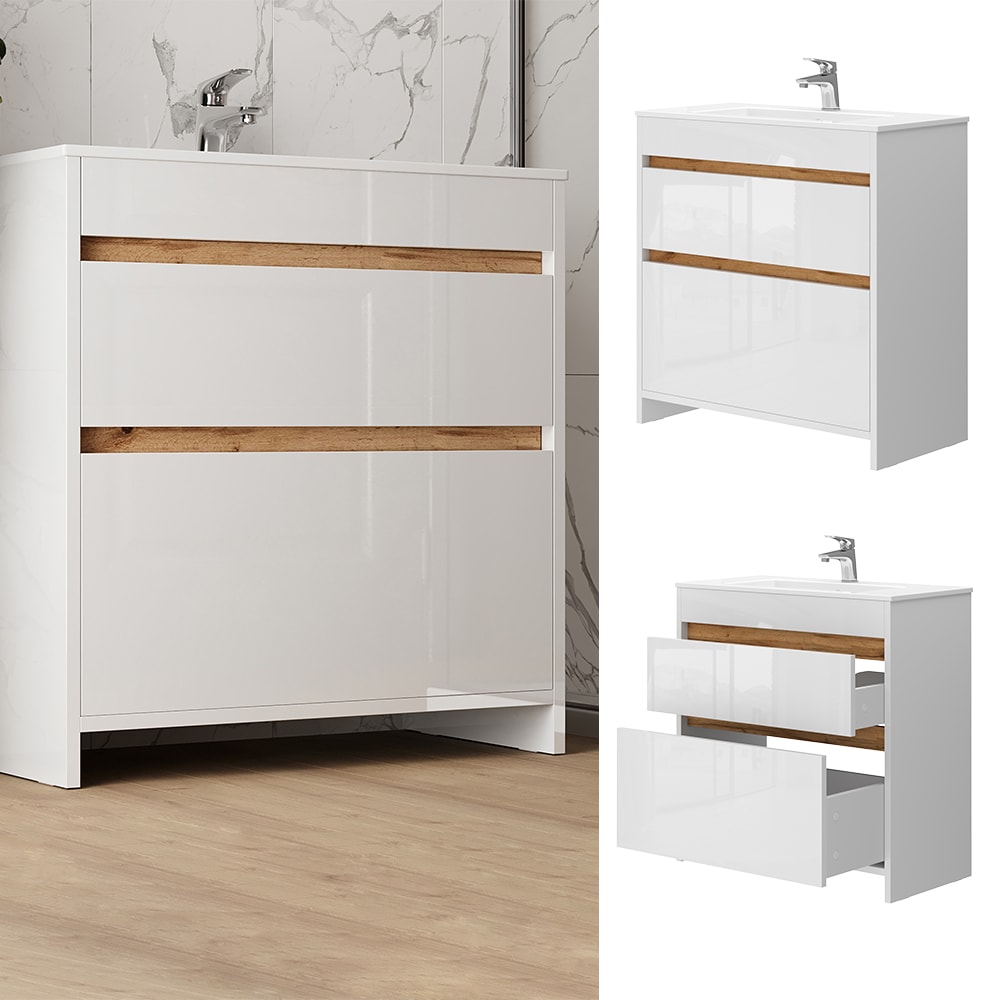 Vicco Waschbecken mit Unterschrank Detmold 80 cm breit, Waschtisch stehend Wei&szlig; 