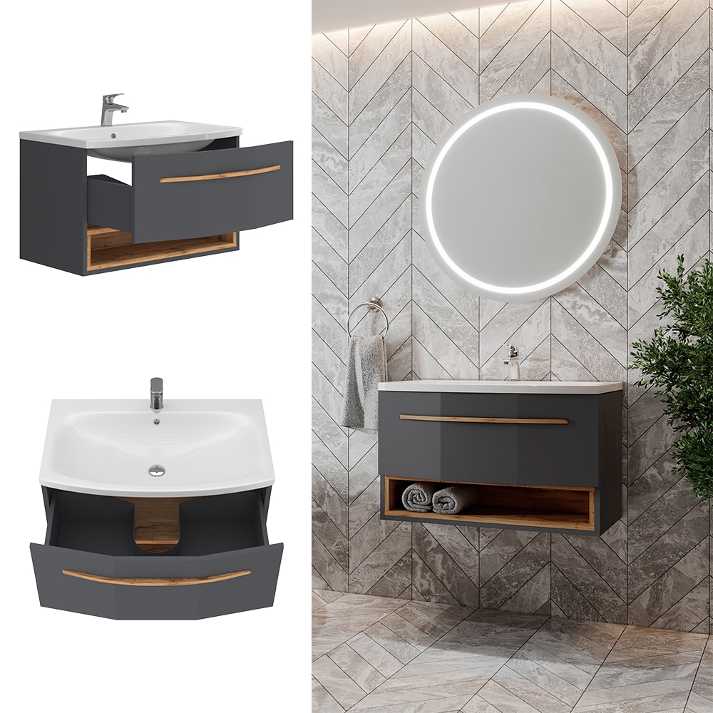 Vicco Waschbecken mit Unterschrank Stelantis, 80 cm, Anthrazit Eiche, Waschtisch 