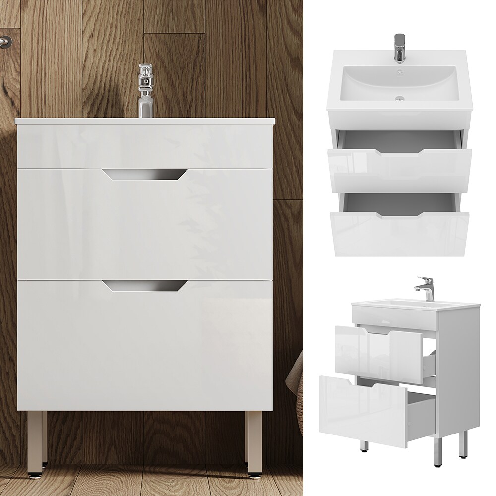 Vicco Waschbecken mit Unterschrank Clayton 60 cm breit, Waschtisch Hochglanz Wei&szlig; 