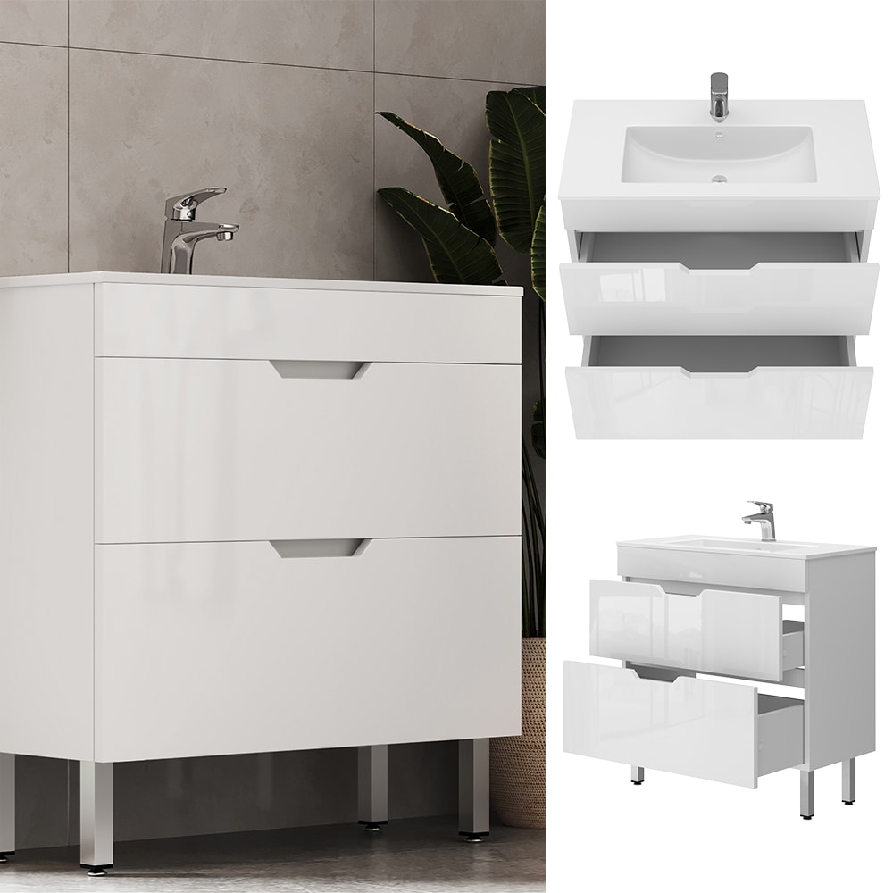 Vicco Waschbecken mit Unterschrank Clayton 80 cm breit, Waschtisch Hochglanz Wei&szlig; 