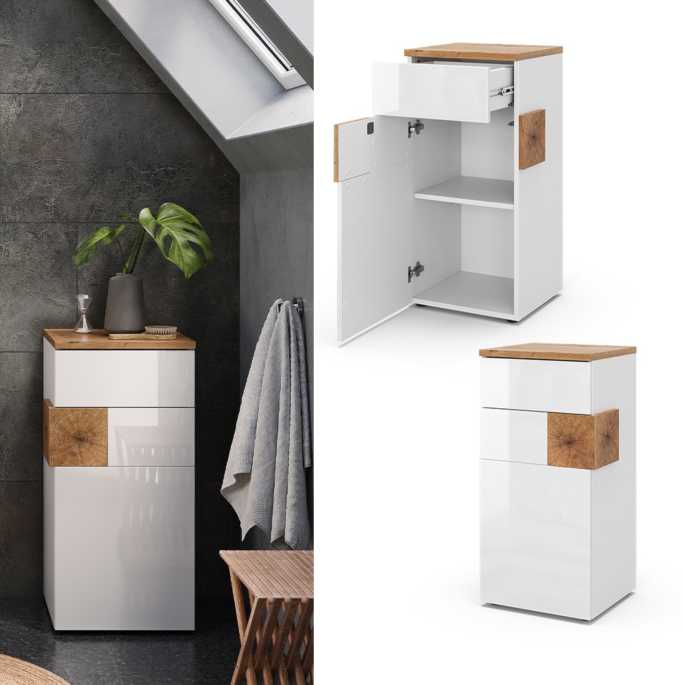 Vicco Midischrank Badschrank Badezimmerm&ouml;bel Eden Wei&szlig; Artisan modern 40x84 cm Badezimmer Schrank Badkommode Badm&ouml;bel 2 F&auml;cher T&uuml;r Schublade Hochglanz 