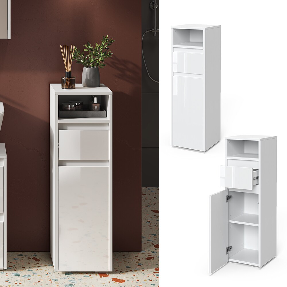 Vicco Midischrank Badschrank Badezimmerm&ouml;bel Majest Wei&szlig; Hochglanz modern 30x96 cm Badezimmer Schrank Badkommode Badm&ouml;bel Fach T&uuml;r Schublade 