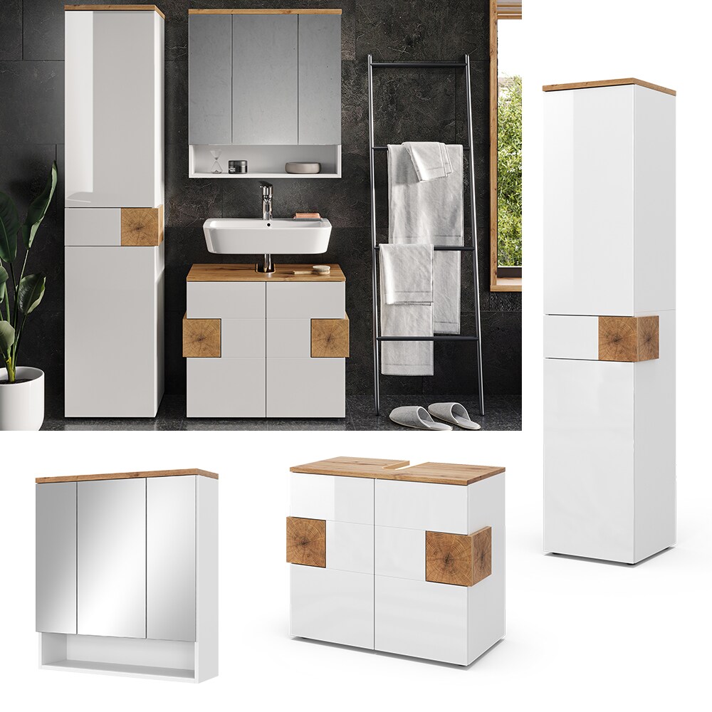 Vicco Badm&ouml;bel-Set Badezimmer-M&ouml;bel Bad-Schrank Eden Wei&szlig; Artisan modern Badezimmerschrank Waschbeckenunterschrank Spiegelschrank Hochschrank Schrankt&uuml;r Schrankfach 