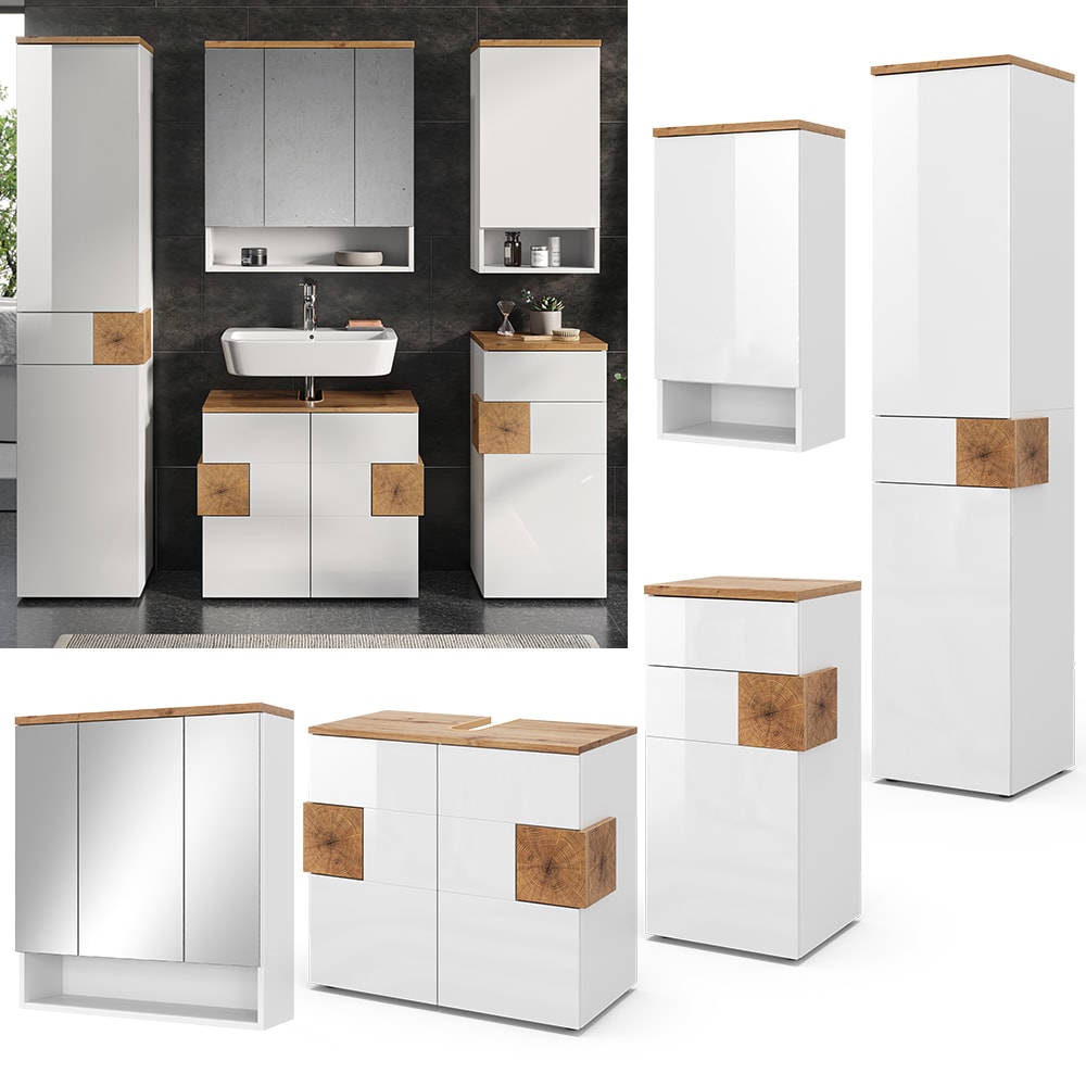 Vicco Badm&ouml;bel-Set Badezimmer-M&ouml;bel Bad-Schrank Eden Wei&szlig; Artisan modern Badezimmerschrank Waschbeckenunterschrank Spiegelschrank H&auml;ngeschrank Hochschrank Midischrank Schrankt&uuml;r Schrankfach 