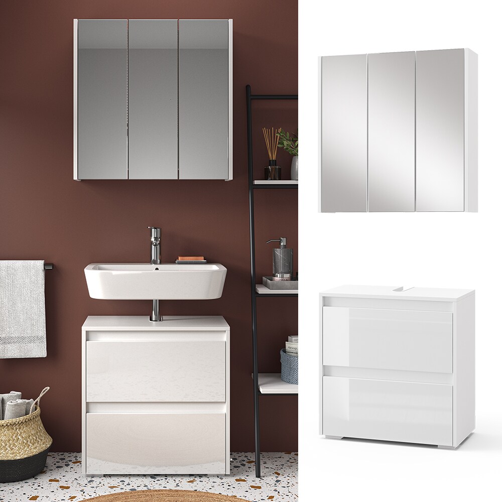 Vicco Badm&ouml;bel-Set Badezimmer-M&ouml;bel Bad-Schrank Majest Wei&szlig; Hochglanz modern Badezimmerschrank Waschbeckenunterschrank Spiegelschrank Schrankt&uuml;r Schrankfach Schrankschublade 