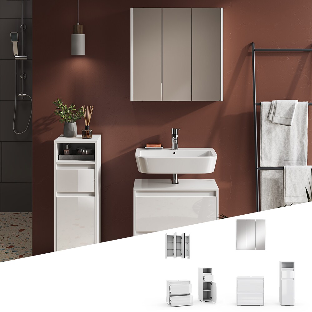 Vicco Badm&ouml;bel-Set Badezimmer-M&ouml;bel Bad-Schrank Majest Wei&szlig; Hochglanz modern Badezimmerschrank Waschbeckenunterschrank Spiegelschrank Midischrank Schrankt&uuml;r Schrankfach Schrankschublade 
