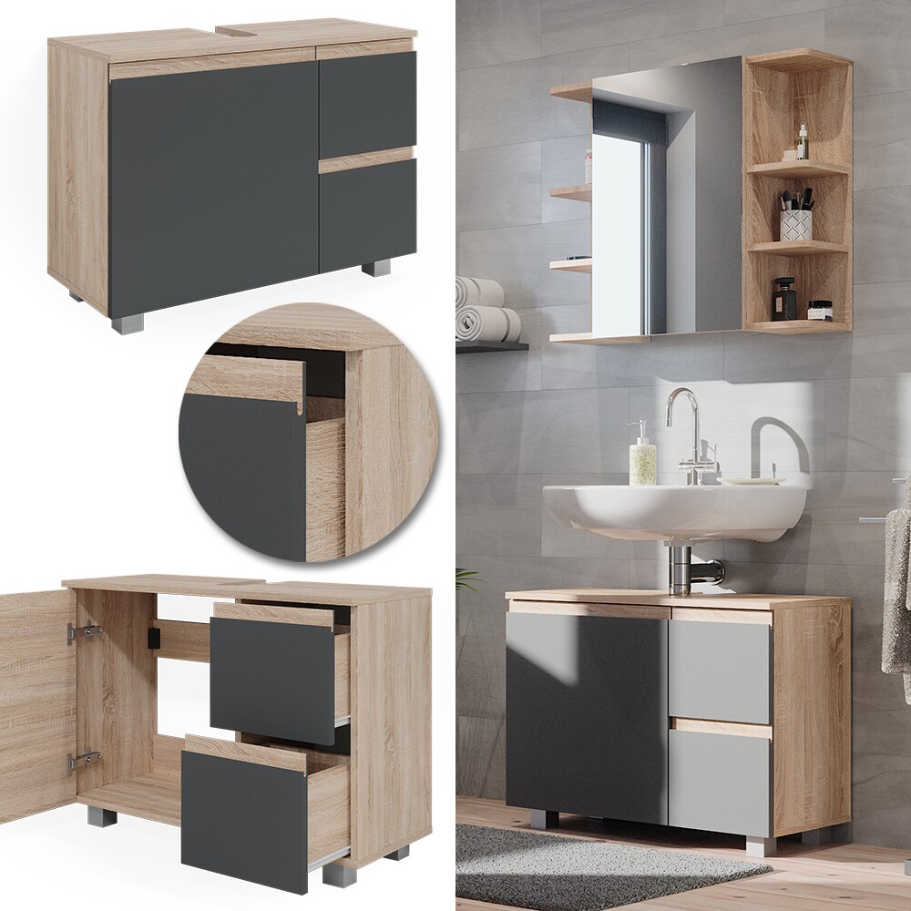 Vicco Waschtischunterschrank Waschbeckenunterschrank Badschrank J-shape Sonoma Anthrazit modern 80x61cm Badezimmer Schrank Badm&ouml;bel Schrankt&uuml;r Schrankschublade Aufbewahrung 