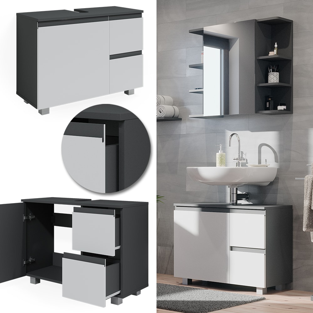 Vicco Waschtischunterschrank Waschbeckenunterschrank Badschrank J-shape Anthrazit Wei&szlig; modern 80x61cm Badezimmer Schrank Badm&ouml;bel Schrankt&uuml;r Schrankschublade Aufbewahrung 