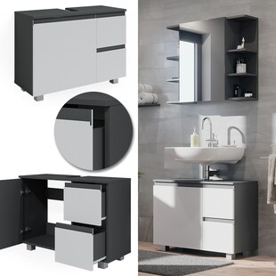 Vicco Waschtischunterschrank Waschbeckenunterschrank Badschrank J-shape Anthrazit Weiß modern 80x61cm Badezimmer Schrank Badmöbel Schranktür Schrankschublade Aufbewahrung 
