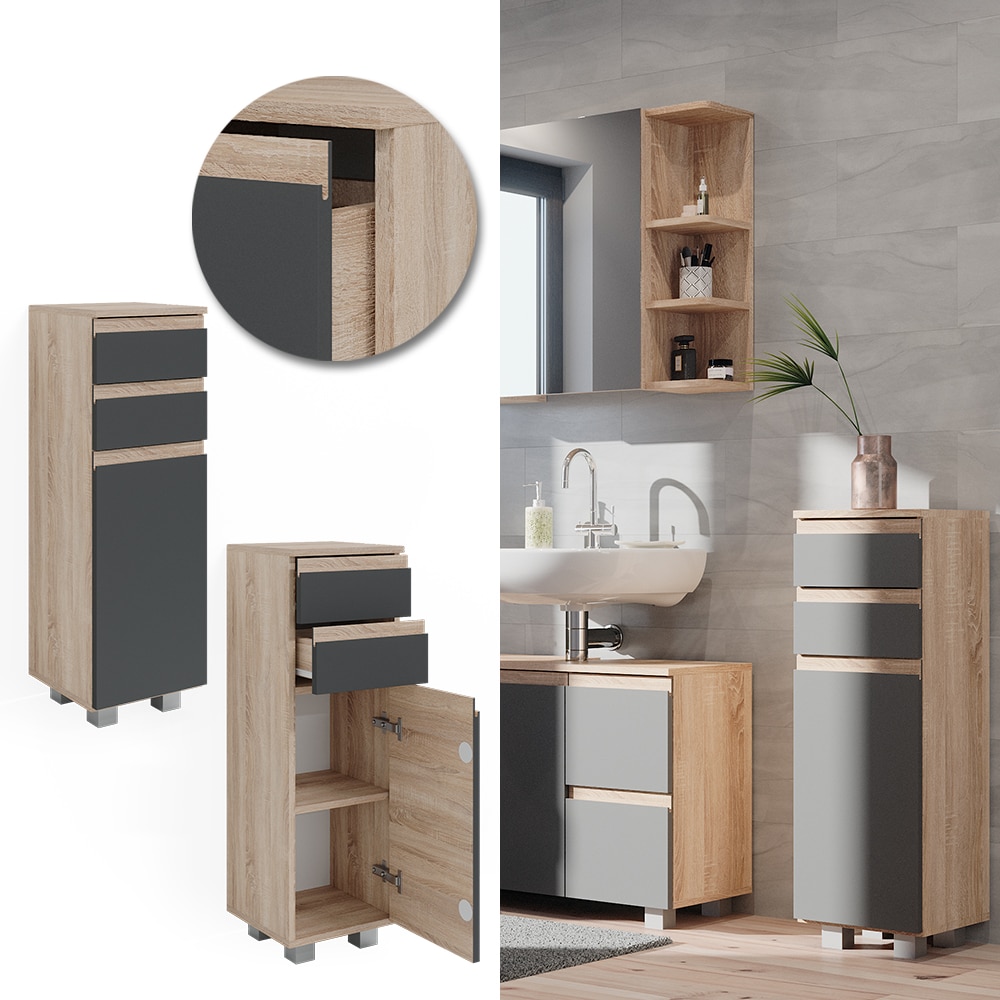 Vicco Midischrank Badschrank Badezimmerm&ouml;bel J-shape Sonoma Anthrazit modern 30x95cm Badezimmer Schrank Badm&ouml;bel Schrankt&uuml;r Schrankschublade Schrankfach Ablage Aufbewahrung 