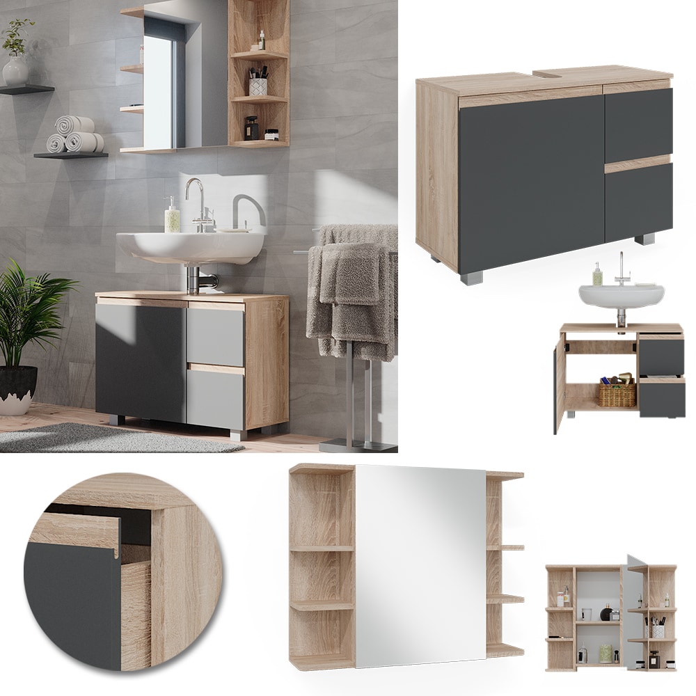 Vicco Badm&ouml;belset J-shape Sonoma Anthrazit modern Badezimmer Schrank Badschrank Waschtischunterschrank Spiegelschrank Schrankt&uuml;r Schrankschublade Aufbewahrung 