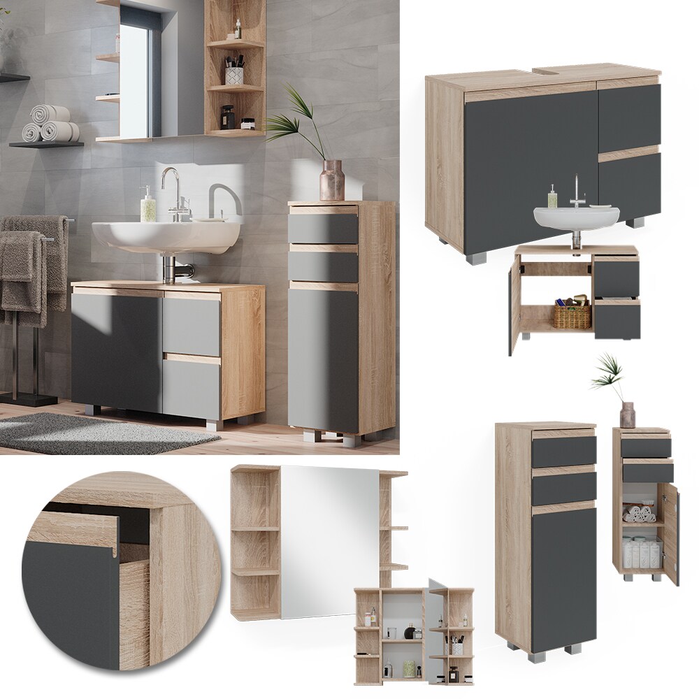 Vicco Badm&ouml;belset J-shape Sonoma Anthrazit modern Badezimmer Schrank Badschrank Waschtischunterschrank Spiegelschrank Midischrank Schrankt&uuml;r Schrankschublade Schrankfach Ablage Aufbewahrung 