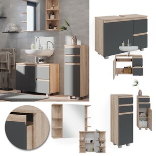 Vicco Badmöbelset J-shape Sonoma Anthrazit modern Badezimmer Schrank Badschrank Waschtischunterschrank Spiegelschrank Midischrank Schranktür Schrankschublade Schrankfach Ablage Aufbewahrung 