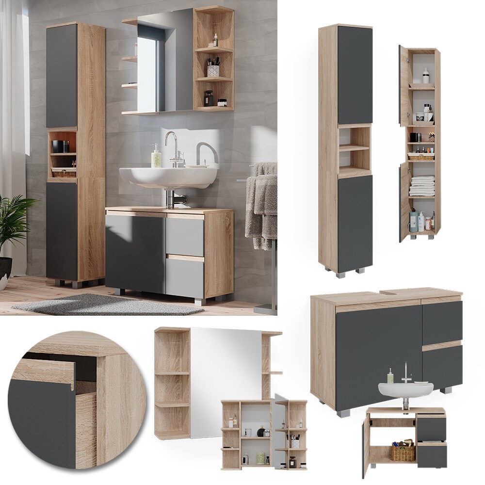 Vicco Badm&ouml;belset J-shape Sonoma Anthrazit modern Badezimmer Schrank Badschrank Waschtischunterschrank Spiegelschrank Hochschrank Schrankt&uuml;r Schrankschublade Schrankfach Ablage Aufbewahrung 