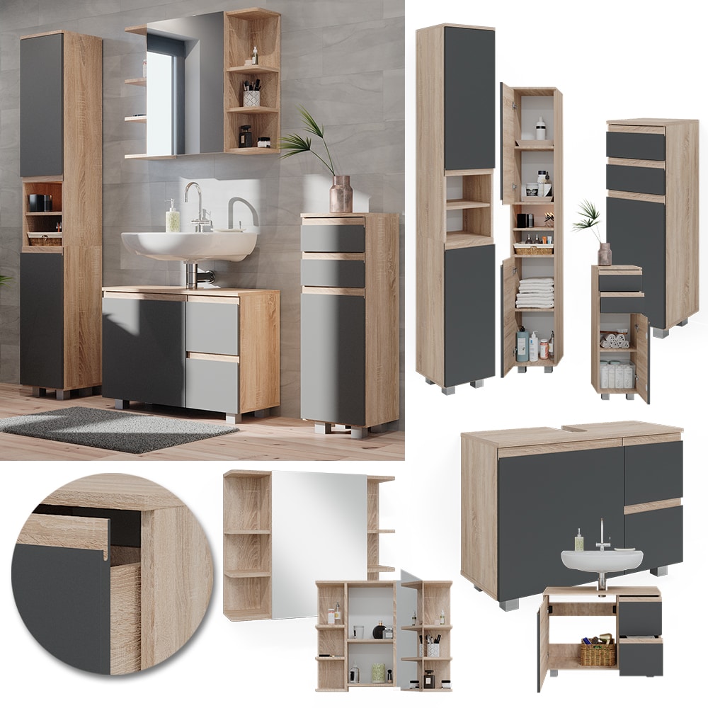 Vicco Badm&ouml;belset J-shape Sonoma Anthrazit modern Badezimmer Schrank Badschrank Waschtischunterschrank Spiegelschrank Midischrank Hochschrank Schrankt&uuml;r Schrankschublade Schrankfach Ablage Aufbewahrung 
