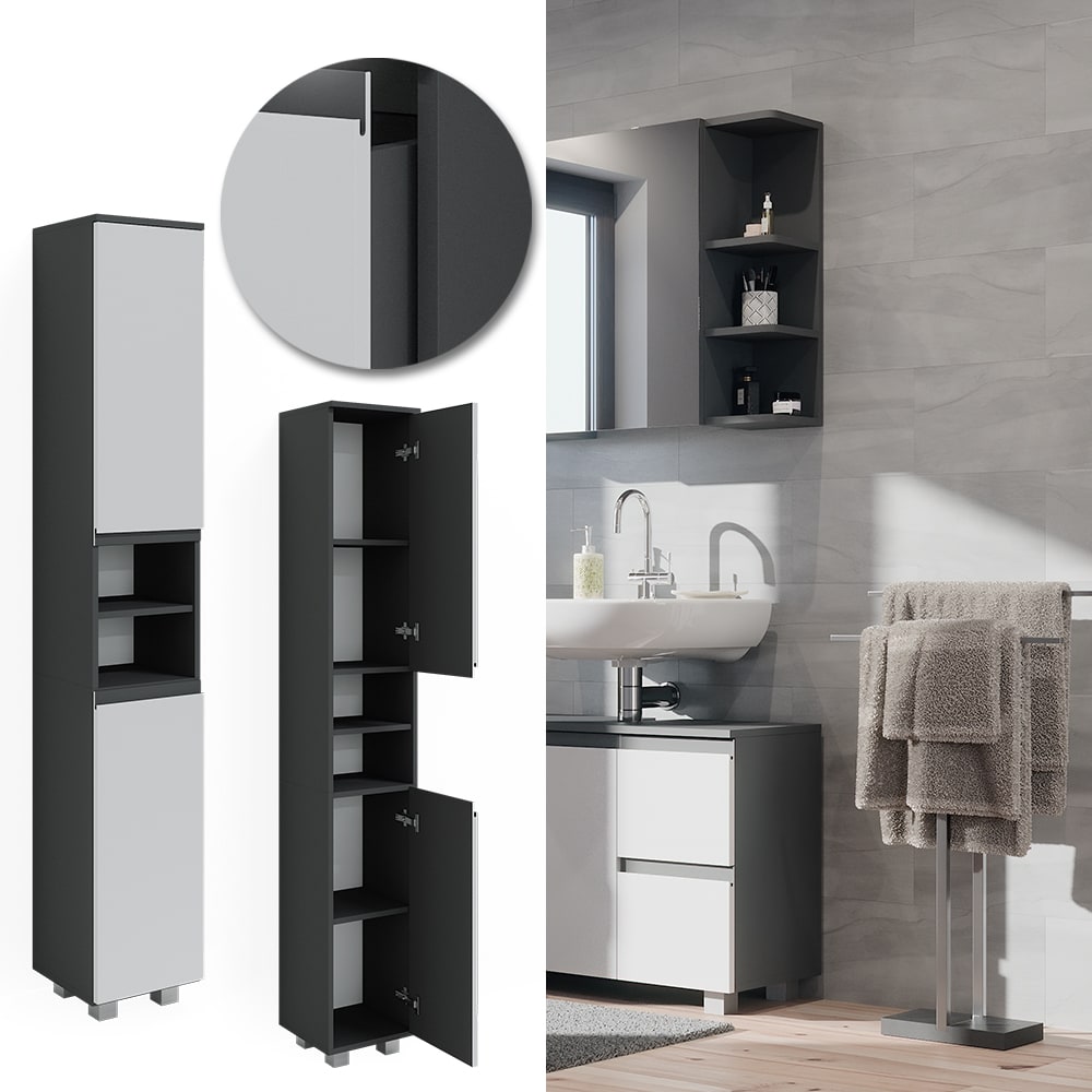 Vicco Hochschrank Badschrank Badezimmerm&ouml;bel J-shape Anthrazit Wei&szlig; modern 30x190cm Badezimmer Schrank Badm&ouml;bel Schrankt&uuml;r Schrankfach Aufbewahrung Ablage 