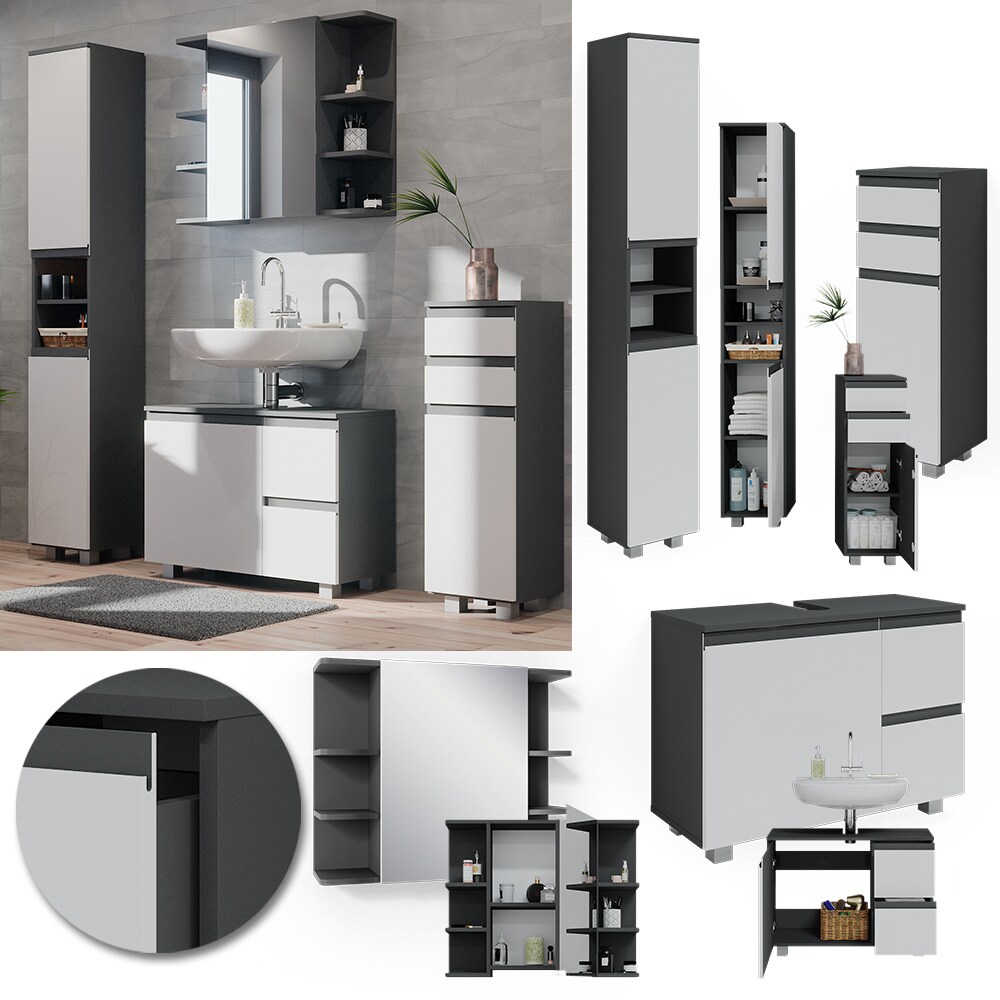 Vicco Badm&ouml;belset J-shape Anthrazit Wei&szlig; modern Badezimmer Schrank Badschrank Waschtischunterschrank Spiegelschrank Midischrank Hochschrank Schrankt&uuml;r Schrankschublade Schrankfach Ablage Aufbewahrung 