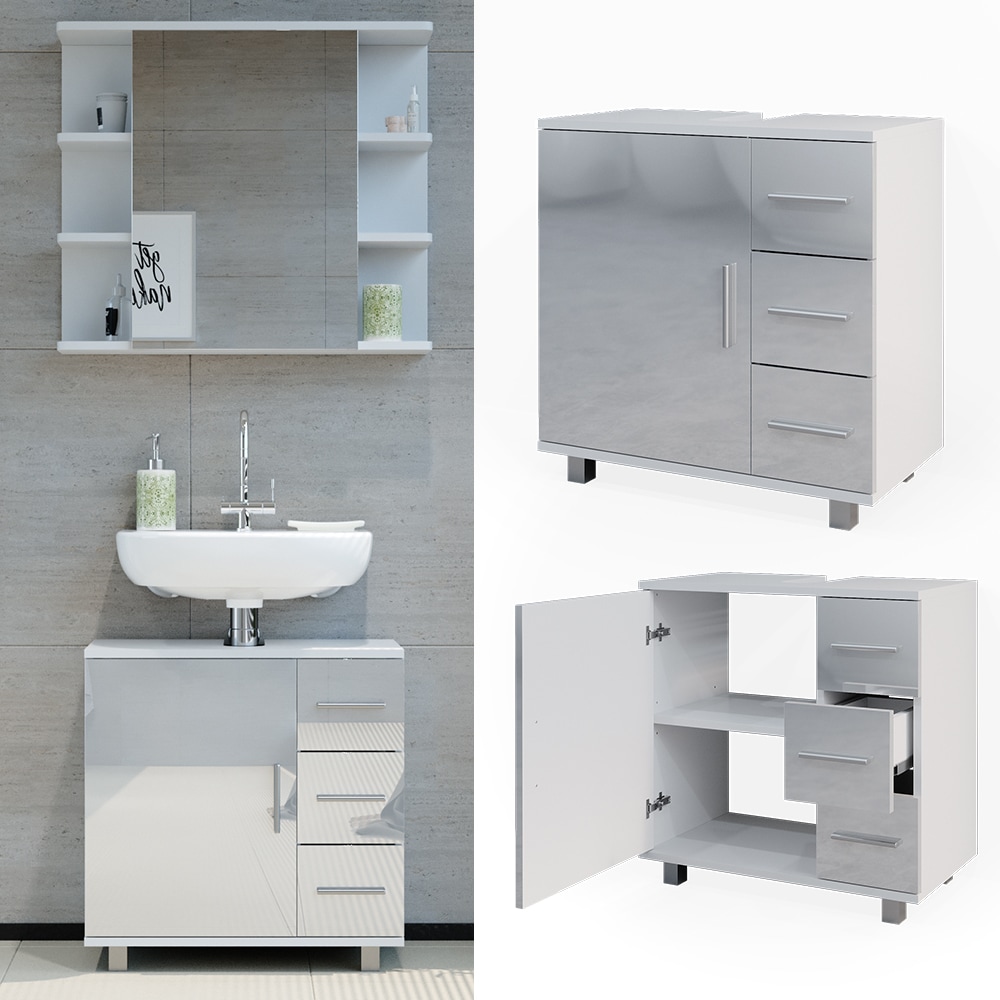 Vicco Waschtischunterschrank Waschbeckenunterschrank Badschrank Elias Wei&szlig; Hochglanz modern 60x61cm Badezimmer Schrank Badm&ouml;bel Schrankt&uuml;r Schrankschublade Aufbewahrung 
