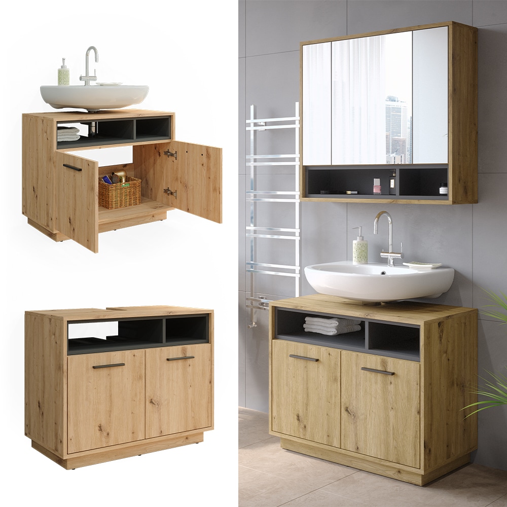 Vicco Waschtischunterschrank Waschbeckenunterschrank Beatrice Eiche Anthrazit modern 80x64 cm Badkommode Badschrank Badezimmer Schrank Badm&ouml;bel Schrankt&uuml;r Schrankfach 