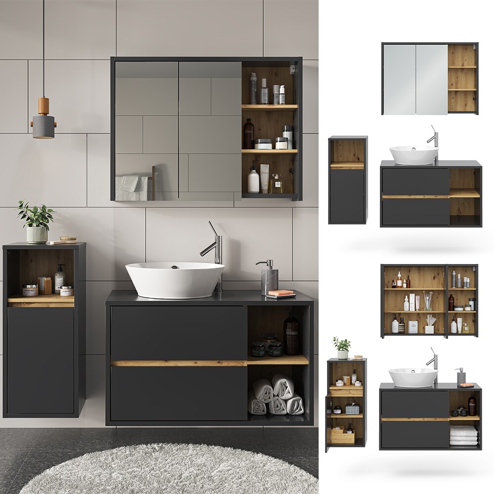 Vicco Badm&ouml;bel-Set Badezimmer-M&ouml;bel Bad-Schrank Viola Anthrazit Eiche modern Badezimmerschrank Waschtischunterschrank Spiegelschrank Midischrank Schrankt&uuml;r Schrankfach Ablage Aufbewahrung 