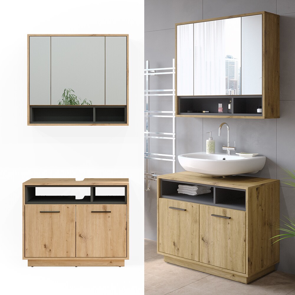 Vicco Badm&ouml;bel-Set Badezimmer-M&ouml;bel Bad-Schrank Beatrice Eiche Anthrazit modern Badezimmerschrank Waschtischunterschrank Spiegelschrank Schrankt&uuml;r Schrankfach 