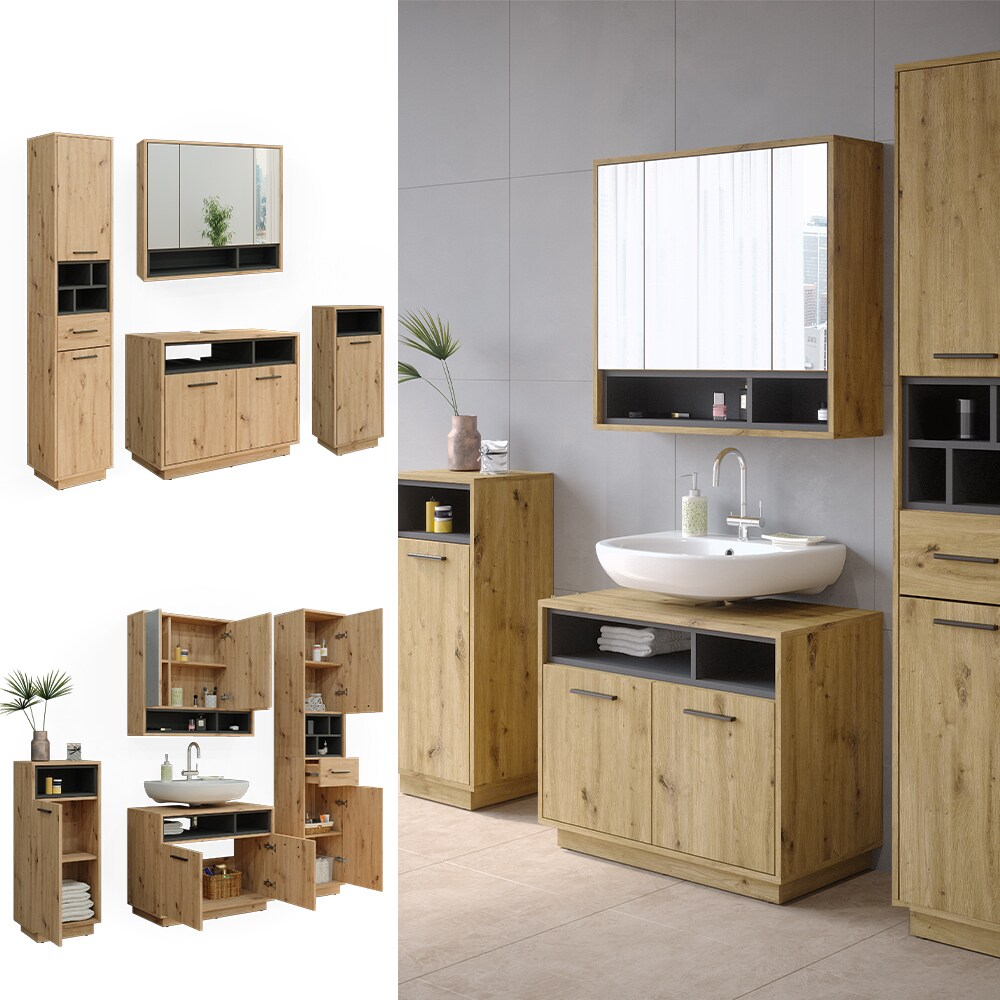 Vicco Badm&ouml;bel-Set Badezimmer-M&ouml;bel Bad-Schrank Beatrice Eiche Anthrazit modern Badezimmerschrank Waschtischunterschrank Spiegelschrank Midischrank Hochschrank Schrankt&uuml;r Schrankfach 