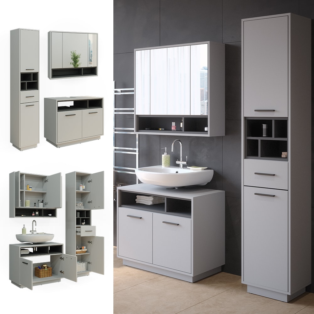 Vicco Badm&ouml;bel-Set Badezimmer-M&ouml;bel Bad-Schrank Beatrice Grau Anthrazit modern Badezimmerschrank Waschtischunterschrank Spiegelschrank Hochschrank Schrankt&uuml;r Schrankfach 