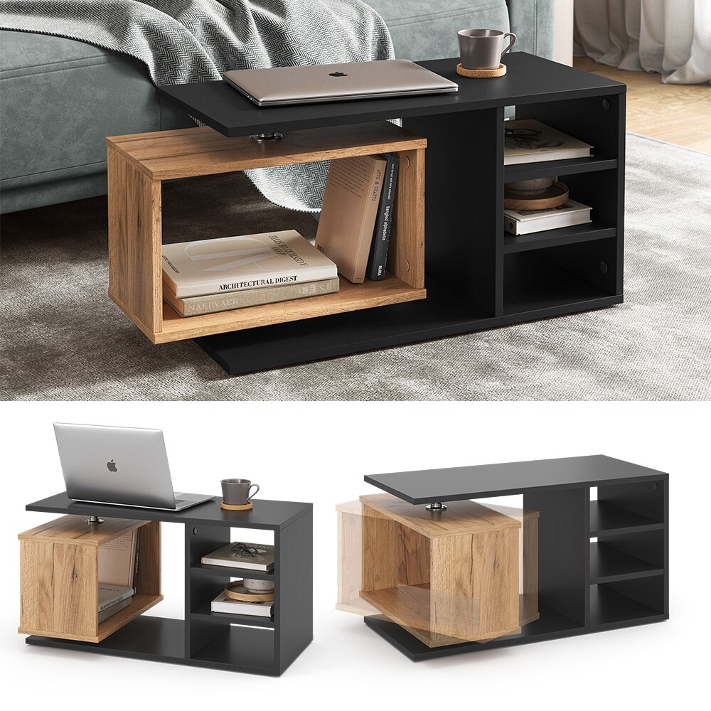 Vicco Couchtisch Rafi, 88x40x35cm, Schwarz, Wohnzimmertisch mit drehbahrem Fach 