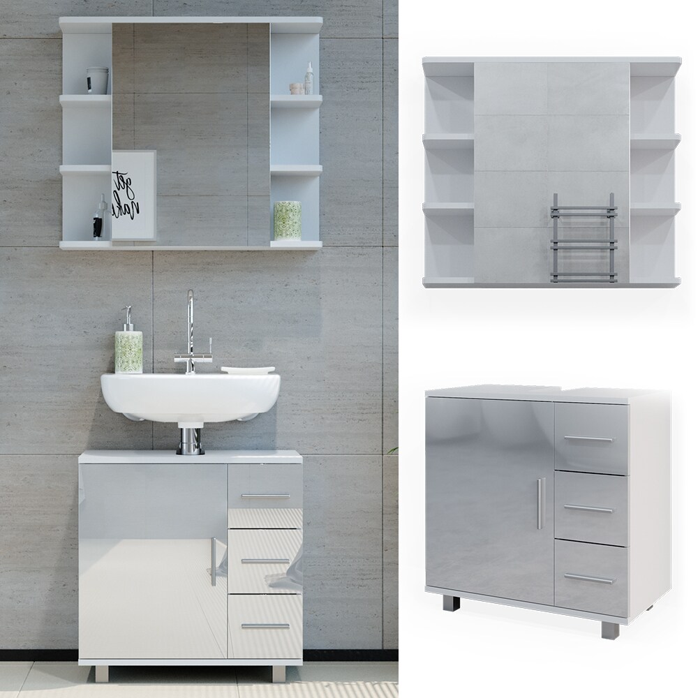 Vicco Badm&ouml;belset Ilias Wei&szlig; Hochglanz modern Badezimmer Schrank Badschrank Waschtischunterschrank Spiegelschrank Schrankt&uuml;r Schrankschublade Aufbewahrung 
