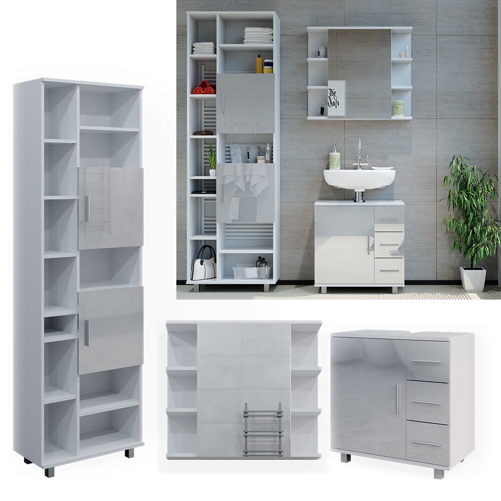 Vicco Badm&ouml;belset Ilias Wei&szlig; Hochglanz modern Badezimmer Schrank Badschrank Waschtischunterschrank Spiegelschrank Hochschrank Schrankt&uuml;r Schrankschublade Schrankfach Ablage Aufbewahrung 