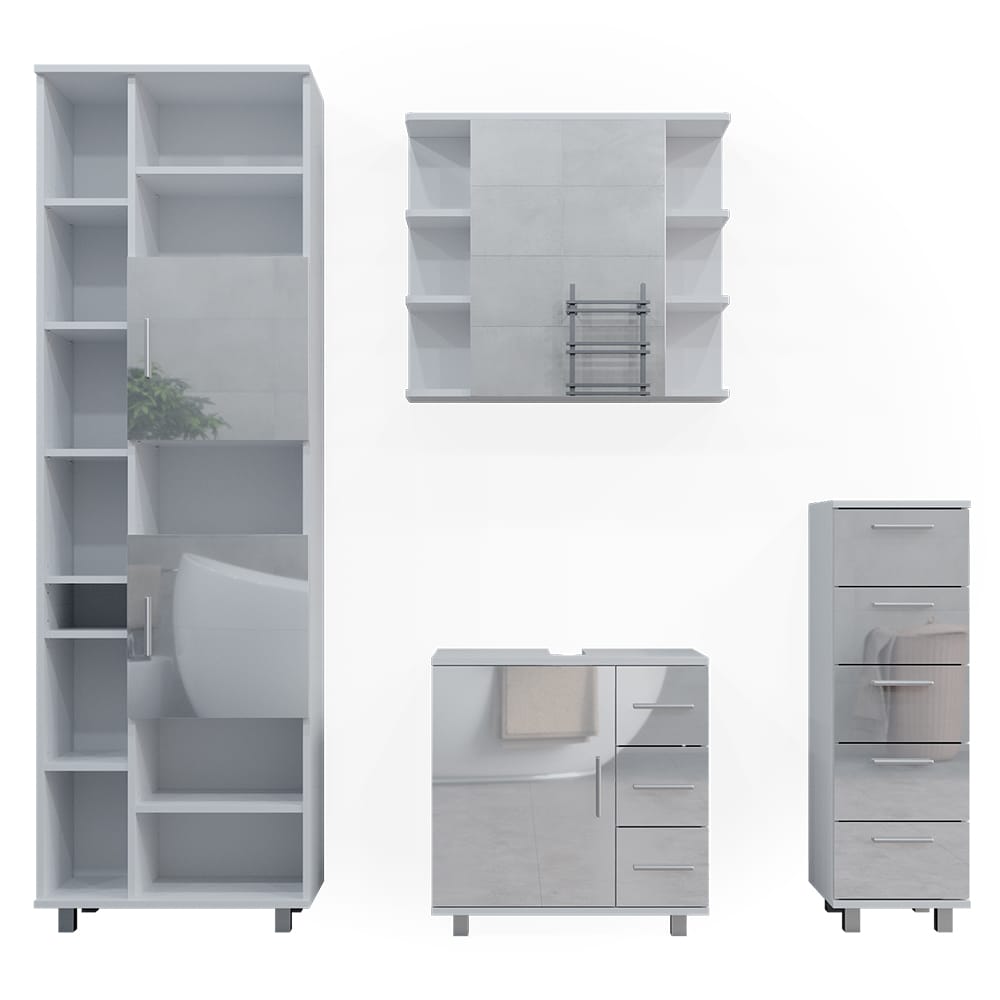 Vicco Badm&ouml;belset Ilias Wei&szlig; Hochglanz modern Badezimmer Schrank Badschrank Waschtischunterschrank Spiegelschrank Midischrank Hochschrank Schrankt&uuml;r Schrankschublade Schrankfach Ablage Aufbewahrung 