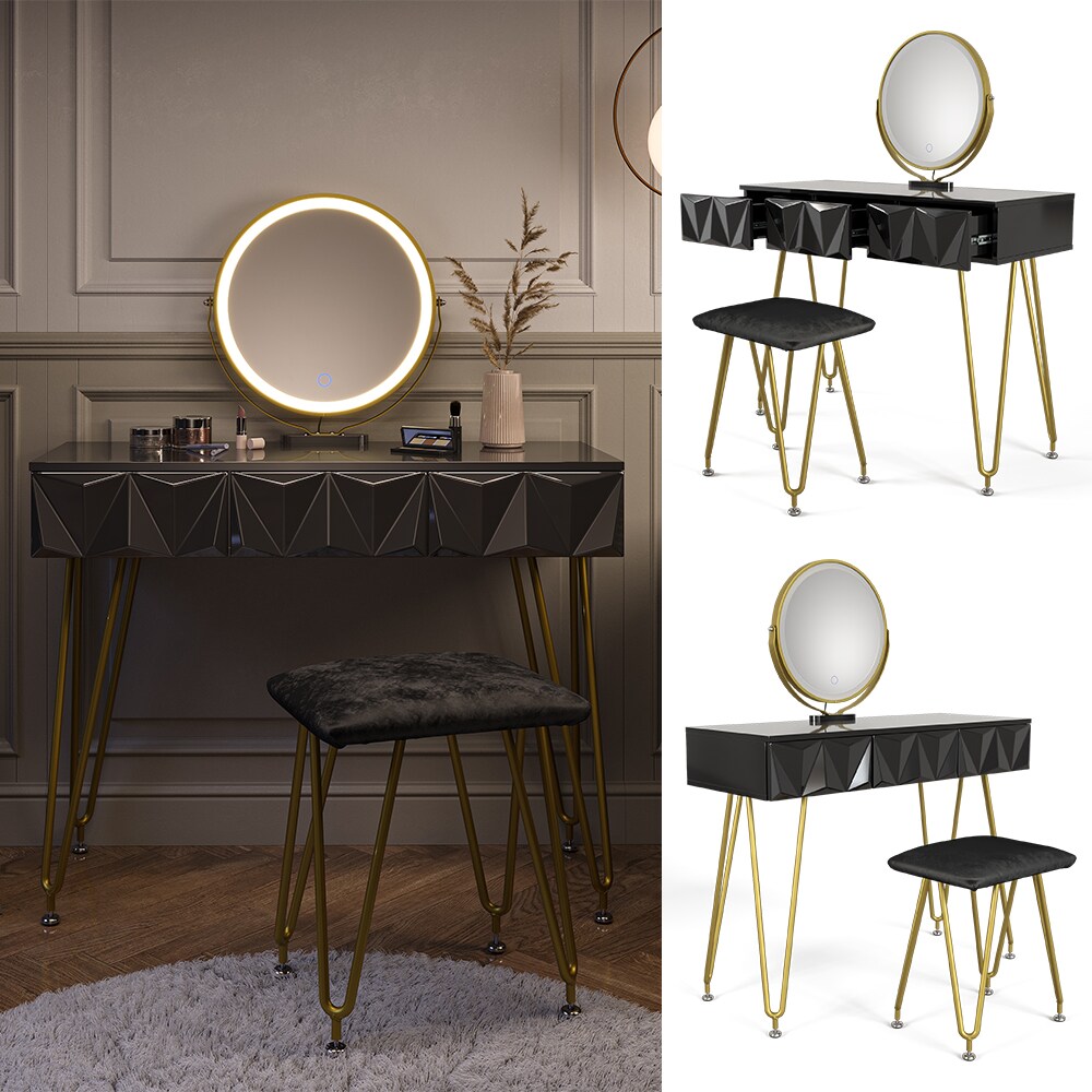 Vicco Schminktisch Ruby 100x40cm, Schwarz, Frisiertisch mit LED-Spiegel & Hocker 