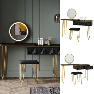 Vicco Schminktisch Bella 120x37cm, Schwarz, Frisiertisch mit LED-Spiegel & Hocker 