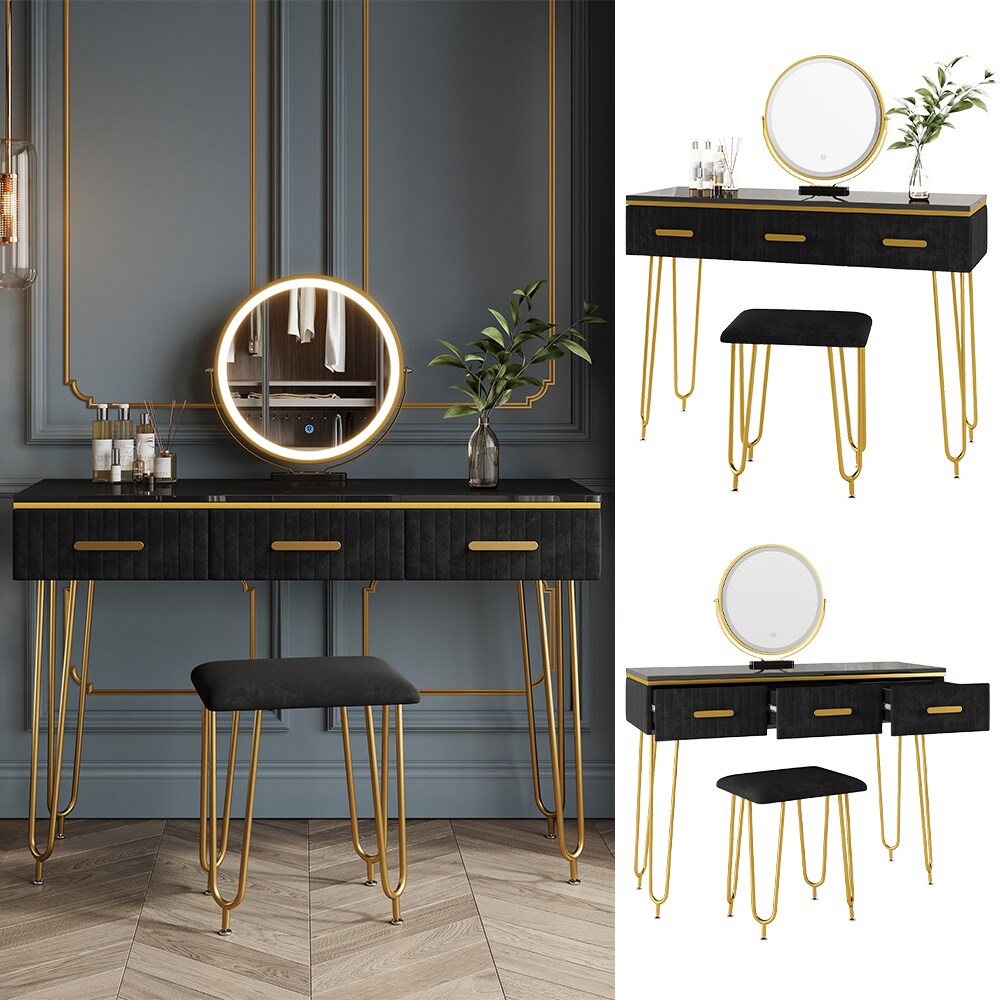 Vicco Schminktisch Layla 100x40cm, Schwarz, Frisiertisch mit LED-Spiegel & Hocker 