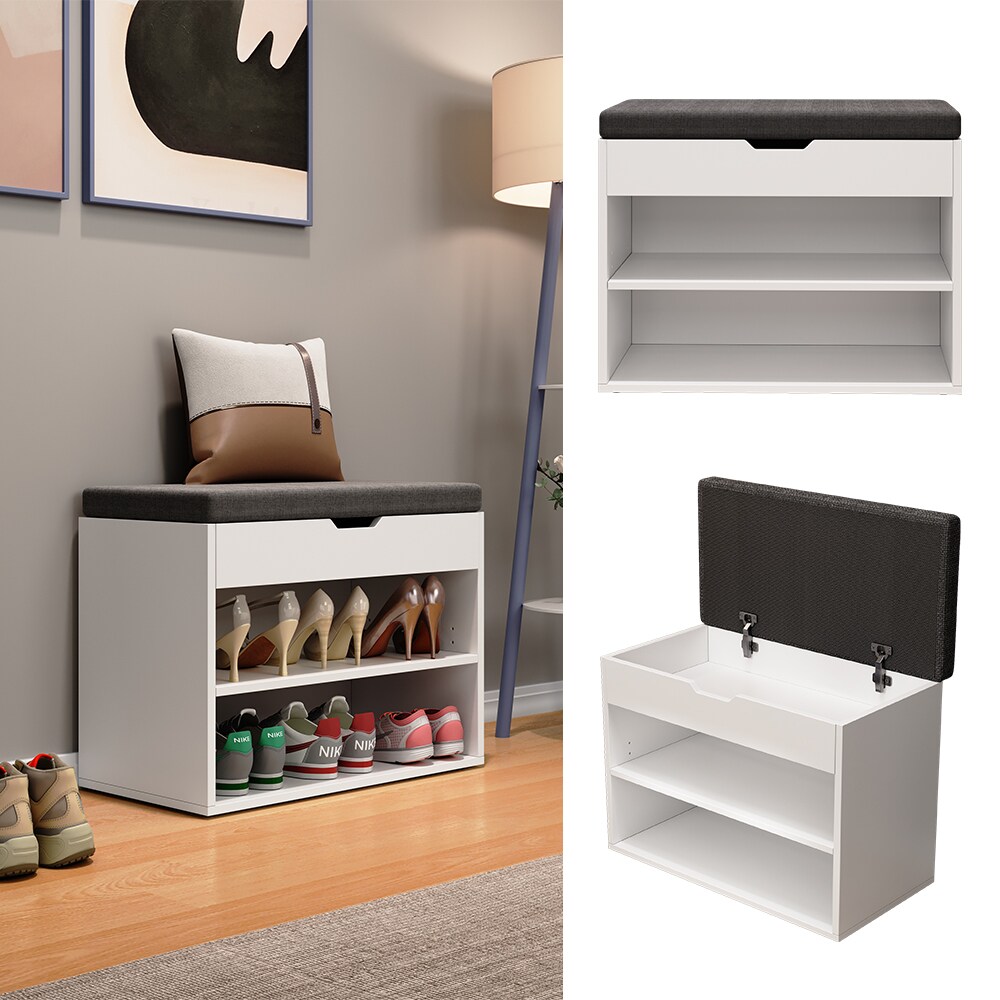 Oskar-Store Schuhbank Titus Weiß, 60 x 45 cm, Schuhregal mit Sitz, Klappdeckel, Fächer